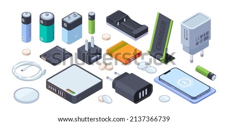 Isometric chargers. Battery for smartphones charging plugs for transfer power electricity cell phone adapter garish vector 3d templates