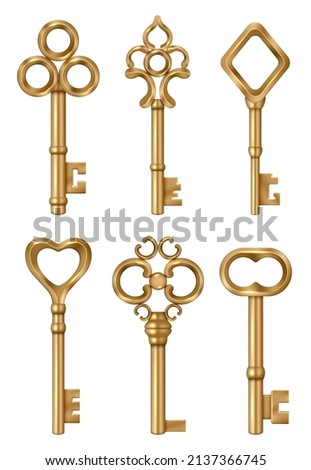 Golden key. Real estate symbols medieval ornate vintage keys for doors decent vector 3d realistic illustrations