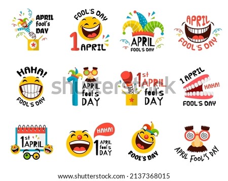 1 april symbols. Fools day emblems and logos with place for text recent vector template set
