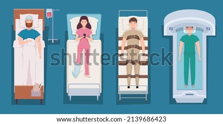 Patient top view. Emergency surgical processes medical cartoon illustration exact vector people in hospital bed