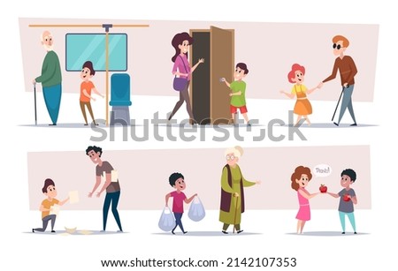 Polite kids. Children helping elderly characters kids giveaway and thank each other exact vector colored cartoon set