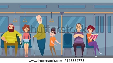 Good manners. Kid give way elderly helping to people thank each other exact vector cartoon background