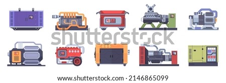 Generator. Electric energy industrial machines for power production garish vector steel fuel generator
