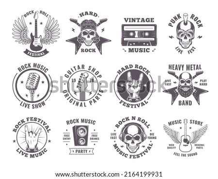 Rock badges. Music elements guitar wings microphone motorbike fire emblems exact vector monochrome symbols collection