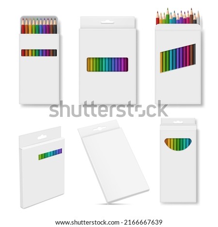 Cases for pencils. Cardboard package for colored pencils geometrical boxes decent vector illustration in realistic style