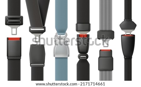 Safety belts. Vehicle airplanes driving belts with lock for save your life in road accident decent vector illustrations in realistic style