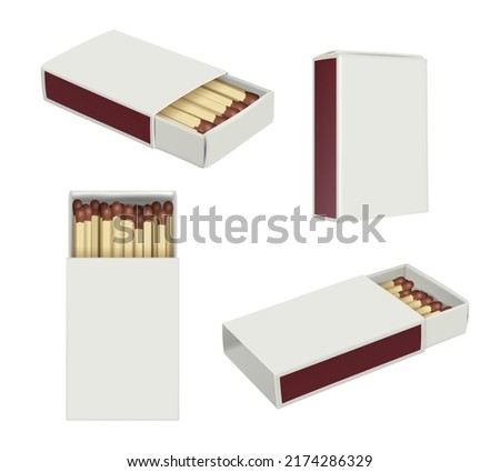 Matchboxes. Realistic burning stick matches containers for wooden matches decent vector templates set
