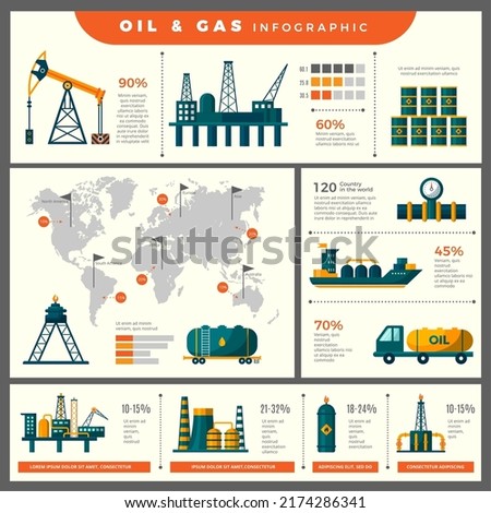 Petroleum production infographic. Technical icons for business placard information of oil industrial energy piping from petroleum recent vector templates with place for text