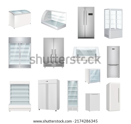 Refrigerators. Industrial and home frozen refrigerators various models decent vector illustrations in realistic style