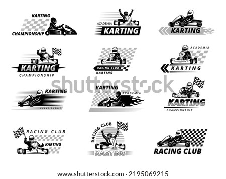 Race karting. Fast extreme sport cars emblems and badges collection isolated on white recent vector template logos