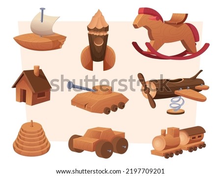 Wooden toys. Playground items collection for kids different toys soldiers cars bricks cubes and houses exact vector template