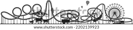 Horizontal amusement park silhouette. Roller coaster background