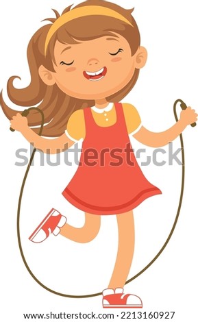 Girl jumping with skipping rope. Cartoon happy kid