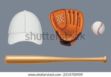 Baseball equipment. Sport uniform and tools for baseball players t shirt ball gloves cap and bat decent vector mockup templates