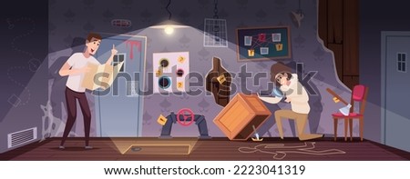 Quest rooms. Playground interior with questions and riddles puzzles and secrets exact vector cartoon background
