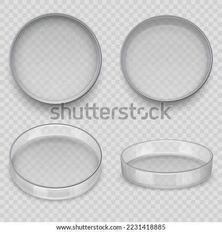 Petri dish. Realistic transparent dishes for lab experiments medical pharmacy vessel for analysis decent vector template