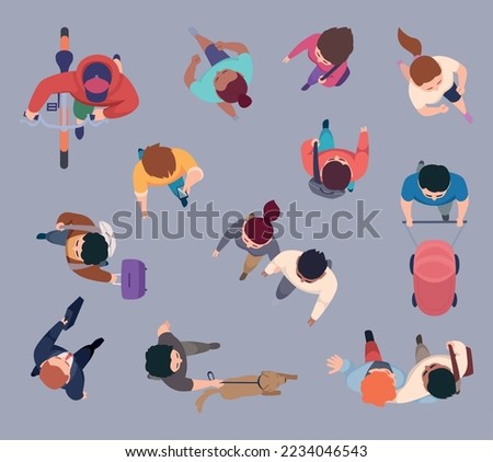 Walking people. Characters top view in different casual style clothes running and walking exact vector cartoon illustrations set