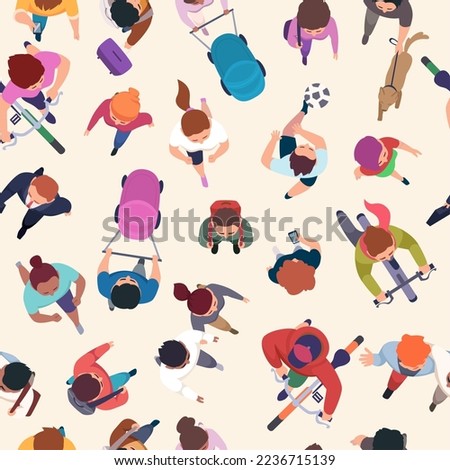 Walking people pattern. Characters top view running and walking exact vector seamless background