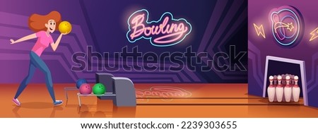 Bowling background. People in bowling club playing in action game with balls and skittle exact vector cartoon background