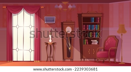 Vintage interior. Indoor background with old style furniture in living room or library with shelves and armchairs exact vector template