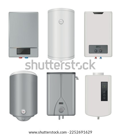 Water heater. Warm controlling systems gas boiler decent vector realistic illustrations set