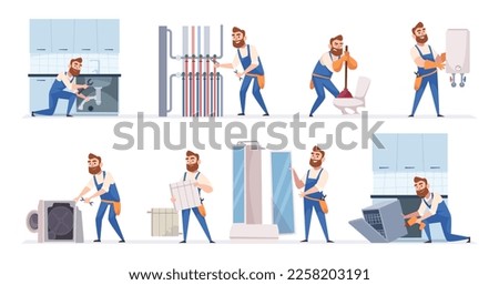 Plumber working. Repair man service fixing washing machine and home appliances exact vector cartoon pictures