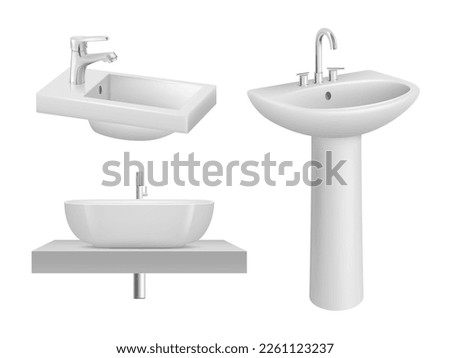 Sink. Realistic bathroom items white ceramic sink in toilet room decent vector template