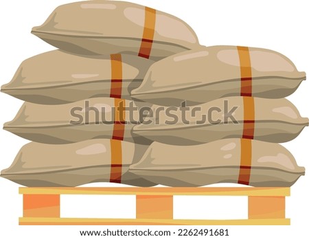 Pallet with grain bags. Flour storage. Rice sacks cargo