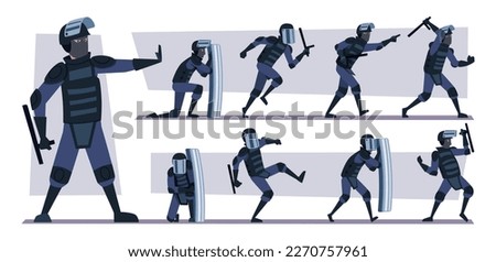 Armored police. Action squad officers fighting poses exact vector police characters