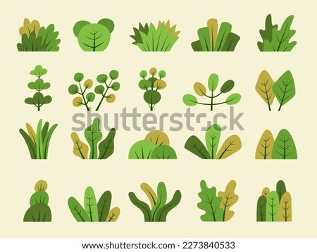 Stylized bushes. Green grass leaves and bushes collection for gardenning backgrounds recent vector flat templates set isolated