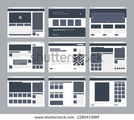 Web wireframes. Landing templates, website pages layouts, email video benefits setting company information blog webpages html form responsive designs