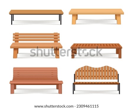Benches. Urban park relax places with wooden benches decent vector realistic template