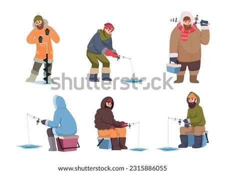 Winter fishing. Cold time fishing on north pole winter sailor exact vector people collection