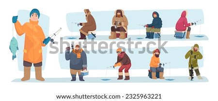 Winter fishing. Winter hobby fishermen sitting and fishing in cold water exact vector cartoon template
