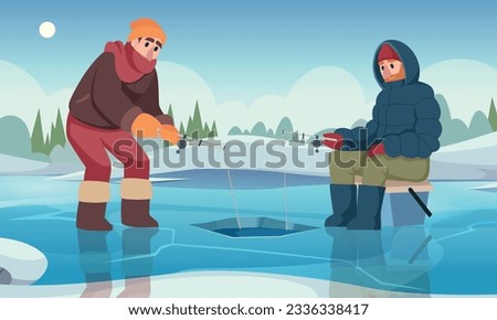 Winter fishing. Male characters with fishing rod catching fish in winter season. Vector cartoon outdoor landscape
