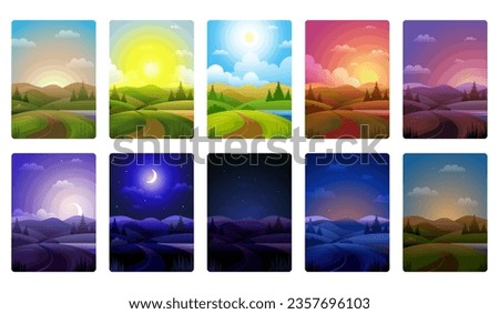 Day parts. Background of noon morning day and night recent vector cartoon landscape with weather horizon