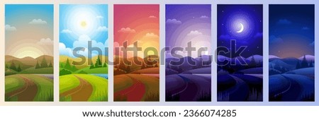 Day parts. Landscape in night morning noon sunset background recent vector cartoon template