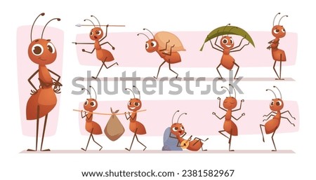 Cartoon ants. Mascot bugs running jumping standing exact vector ants in action poses