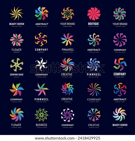 Pinwheel. Round colored spinners and windmill recent vector stylized pinwheels logos