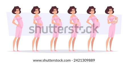 Pregnancy stages. Side view of pregnant woman in different stages weeks timeline exact vector templates