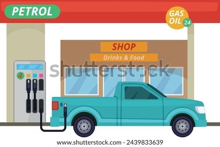 Gas station with shop facade and car refueling with petrol