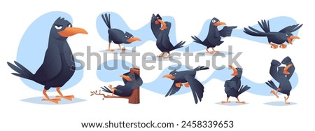 Black crows. Funny cartoon birds in different poses flying and standing exact vector crows