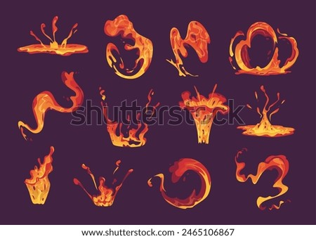 Lava splashes. Bulbs of burning liquid flowing volcano lava exact vector cartoon yellow animation templates