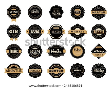 Whiskey badges. Alcohol drinks premium badges recent vector rum and whiskey production logos with place for text