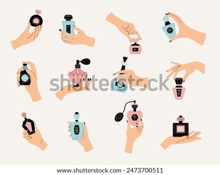 Perfume in hands. Woman holding cosmetic products in transparent bottles recent vector fragrance containers for perfume