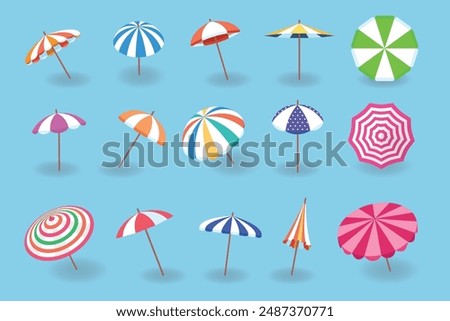 Beach umbrella. Sun protection summer umbrellas different designs recent vector illustrations in cartoon style