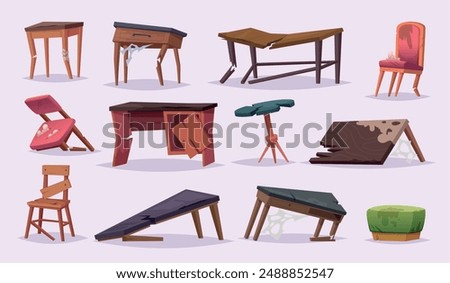 Broken chairs. Old damaged furniture sofas chairs tables wardrobe cupboards exact vector cartoon template