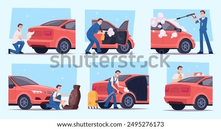 Washing cars. Cleaning transport specialists in uniforms washing cars exact vector collections set