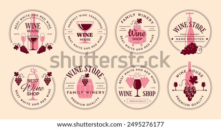 Wine market. Alcohol badges with wine bottles and grape stylized pictures and place for personal text recent vector templates