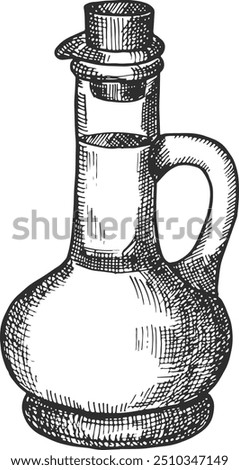 Olive oil engraving. Glass bottle ink drawing